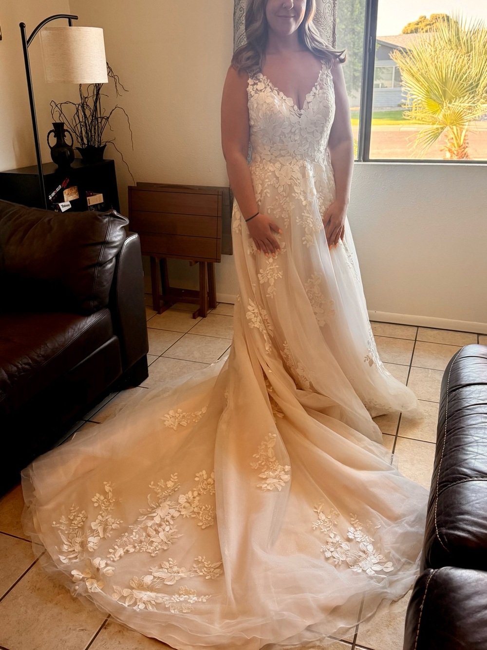 Elegant Ivory Lace A-Line Wedding Dress with Floral Accents